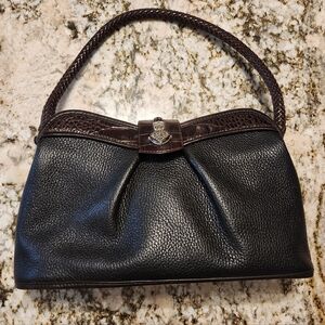 BRIGHTON Purse Vintage black & brown leather shoulder bag w/ Croc pattern, EUC